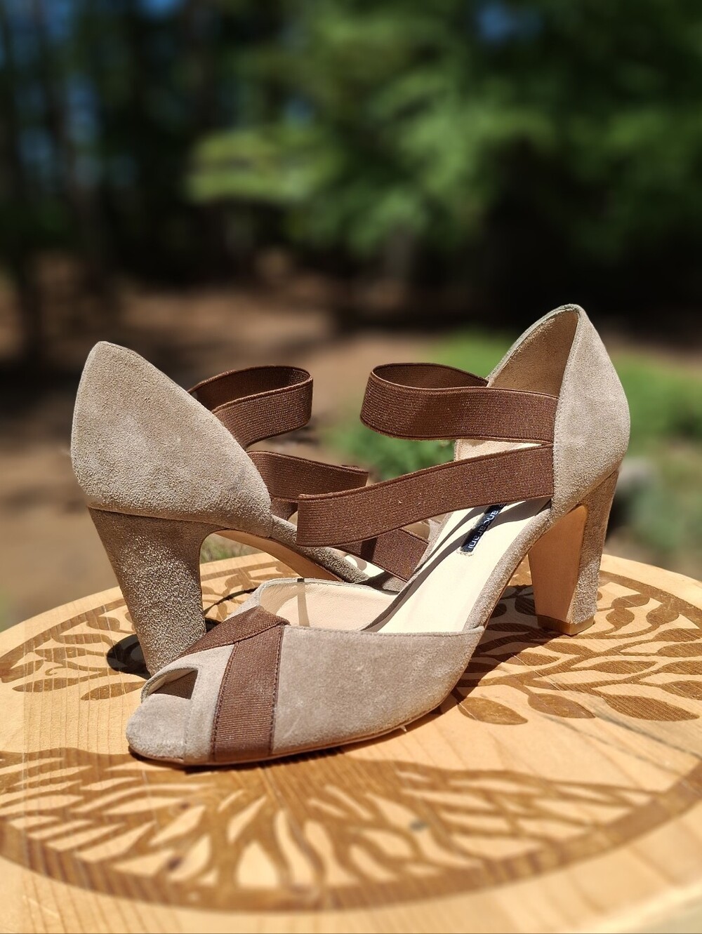 Daniele Ancarani Taupe Suede Brown Criss Cross Straps Peep Toe Sandal Heels 6.5